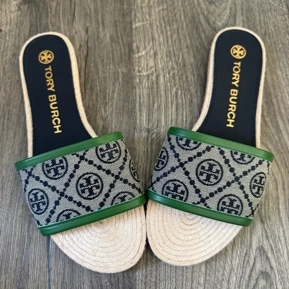 Tory Burch T monogram sandals Green and Beige Women's Slides espadrille size 8.5 - Picture 12 of 13